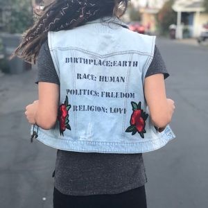 Upcycled Grunge Hippie Rose Patch Crop Denim Vest